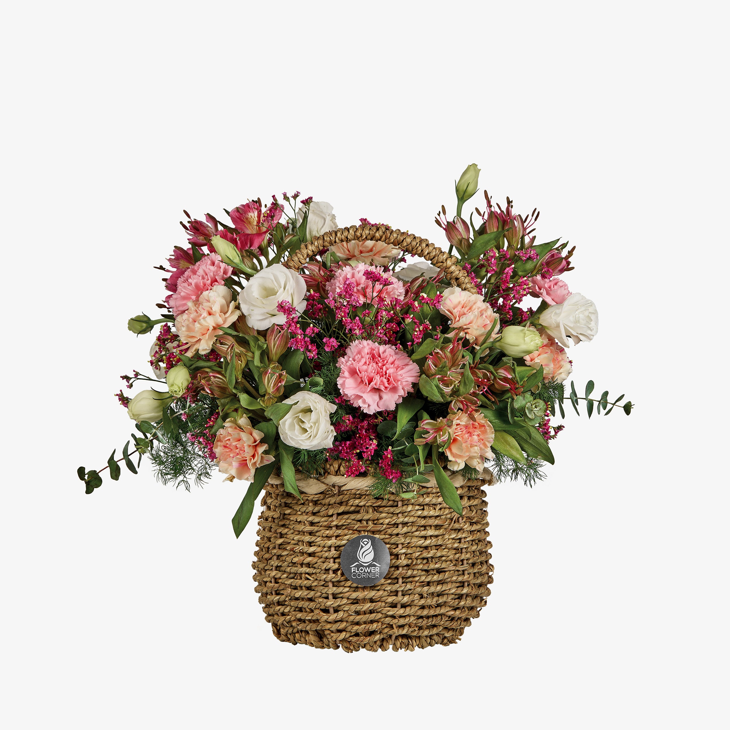 Grace flower basket with soft pastel flowers in elegant design