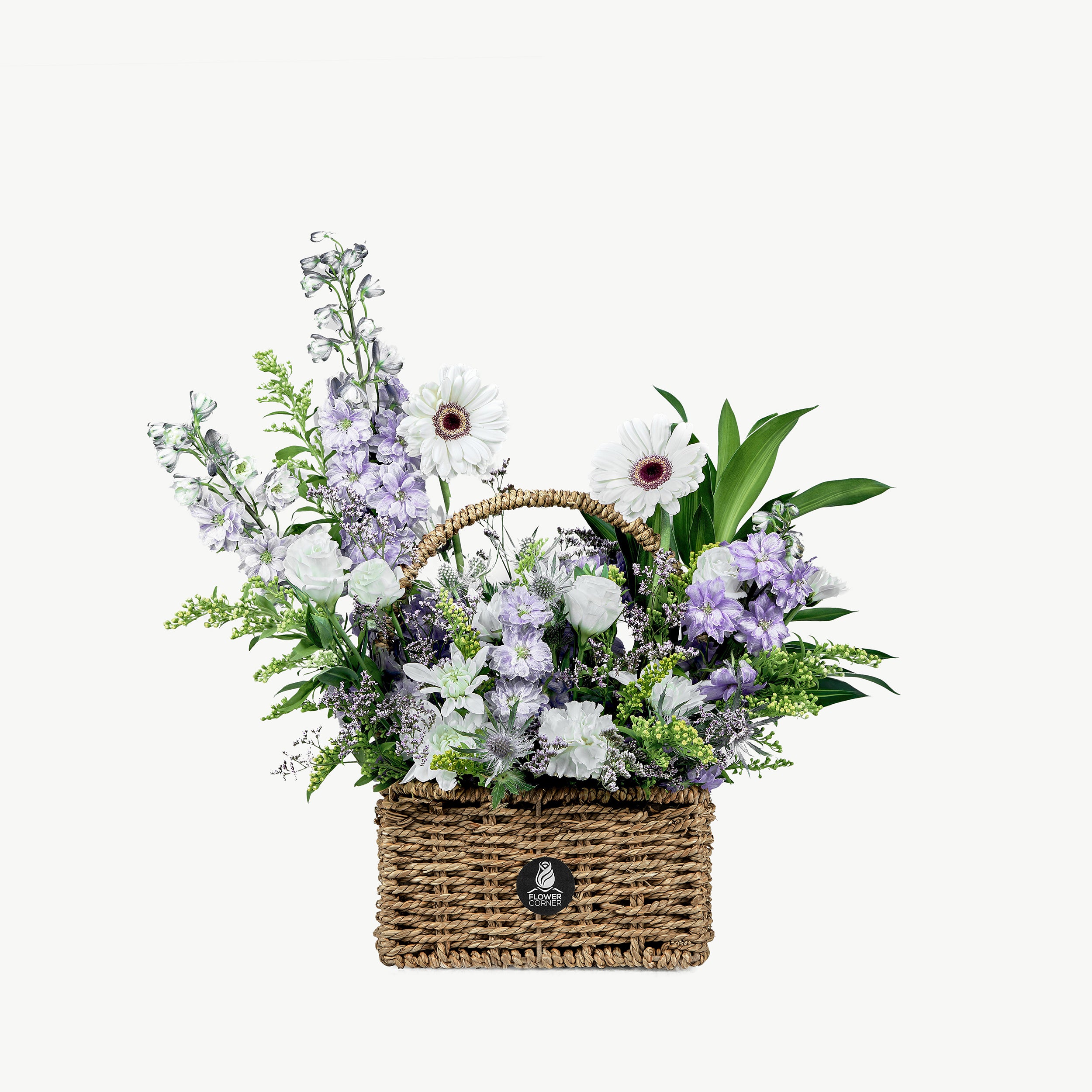 Soft Bloom flower basket with delicate pastel blooms and greenery