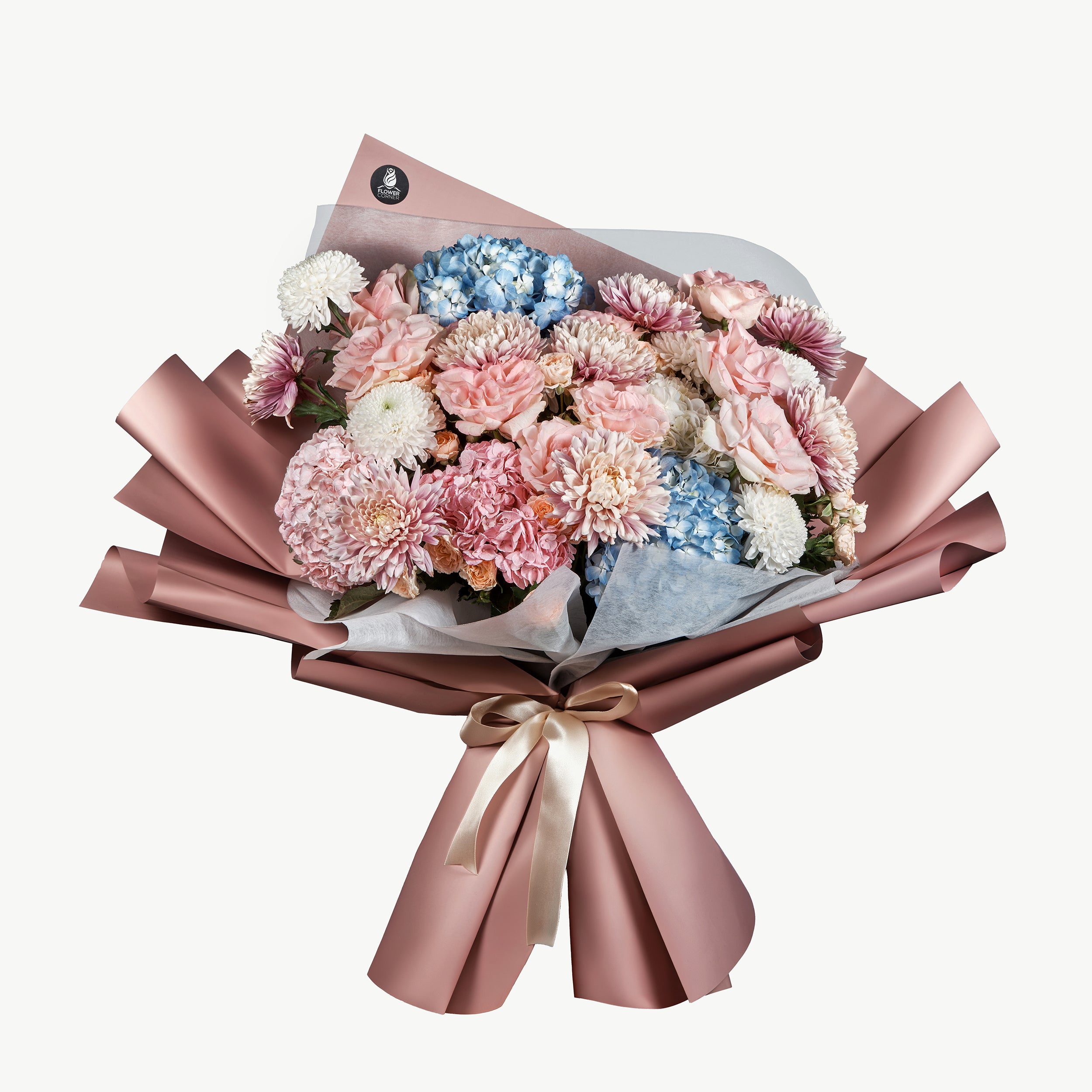 Whispers of Petals bouquet with delicate romantic flowers. blue and light pinks with a touch of cream