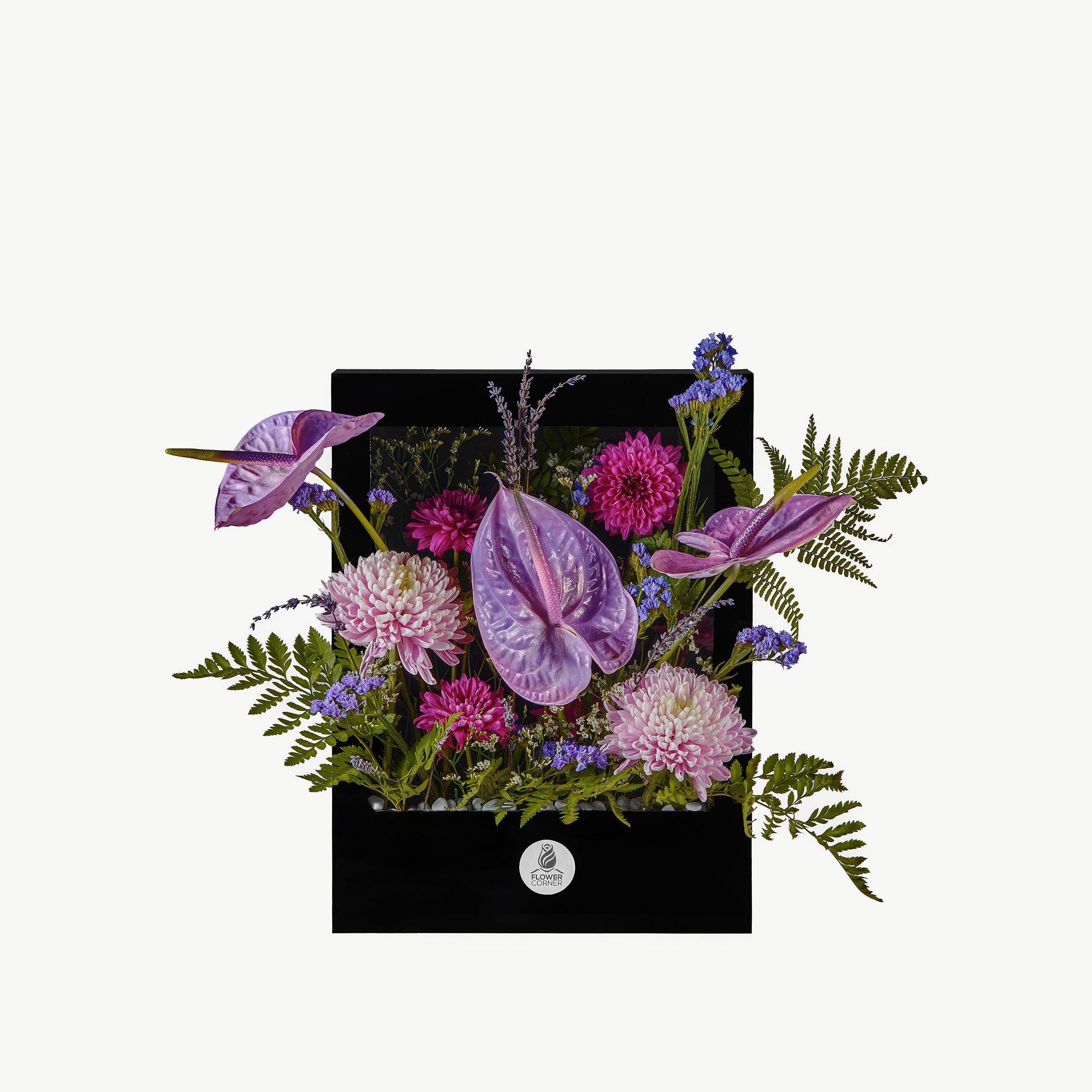 Fairy Bloom Window with purple anthuriums, chrysanthemums, in acrylic window box