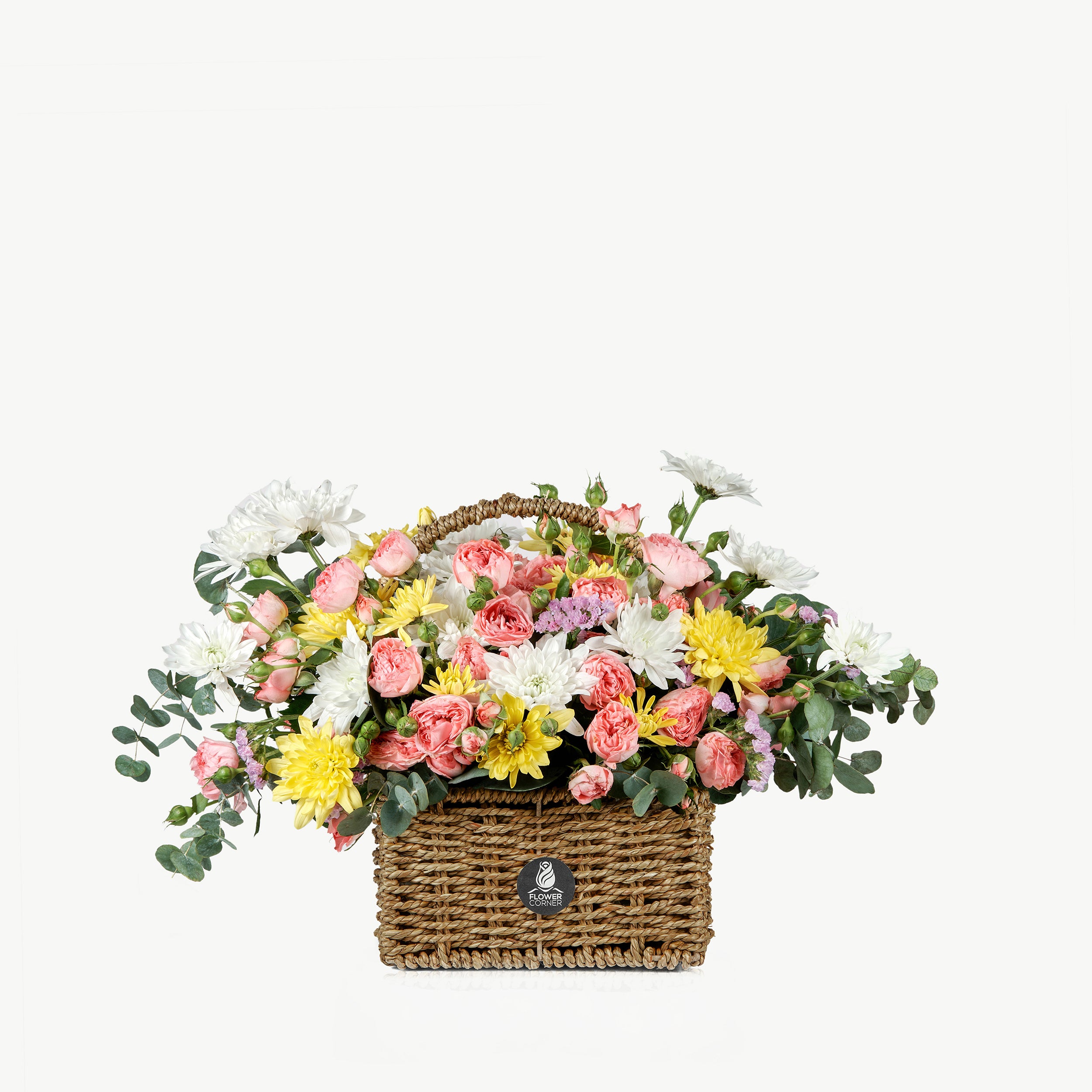 Garden Harmony flower basket with fresh seasonal blooms in soft colors and lush greenery