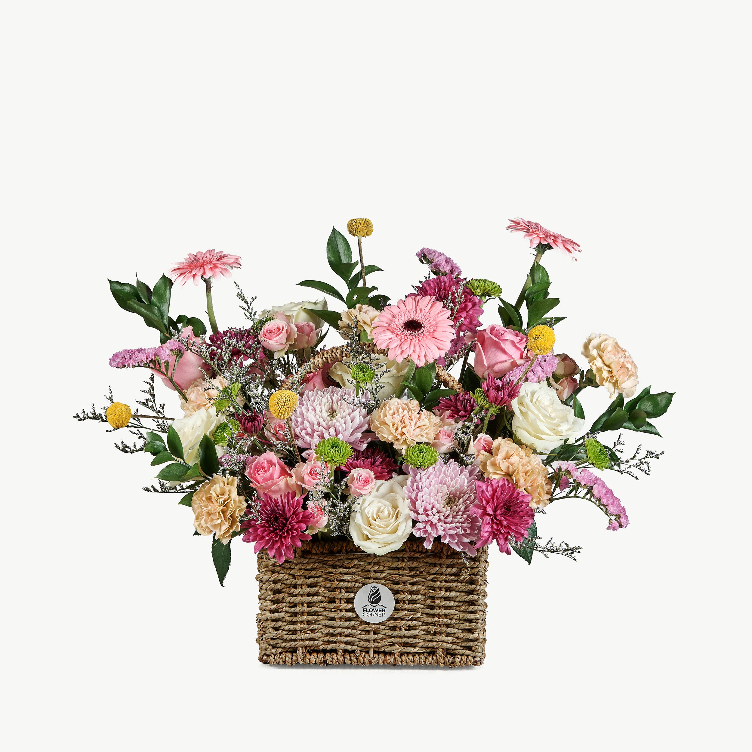 Love flower basket with romantic blooms in rich colors
