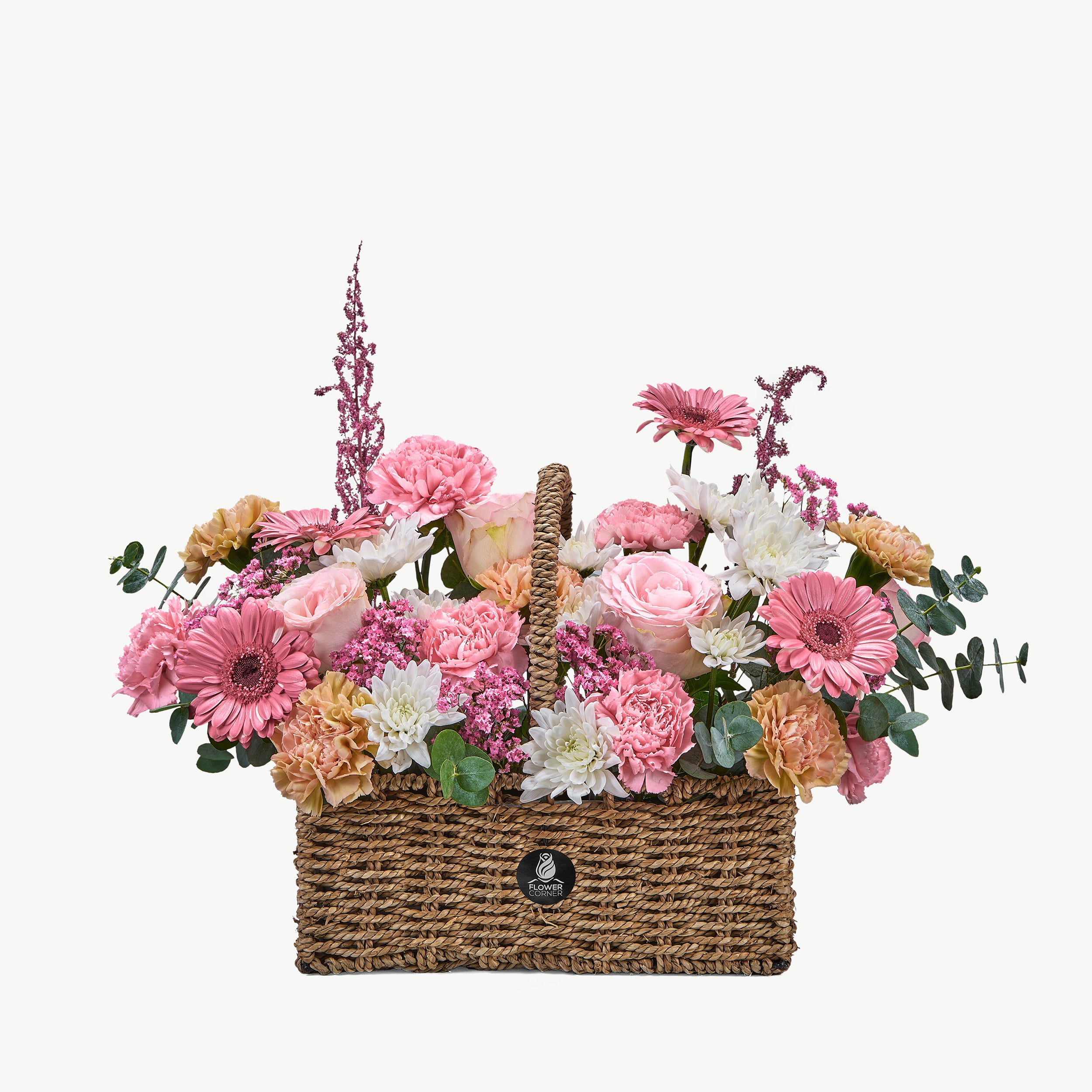 Rustic Picnic mix flower basket with seasonal fresh mix pink flowers