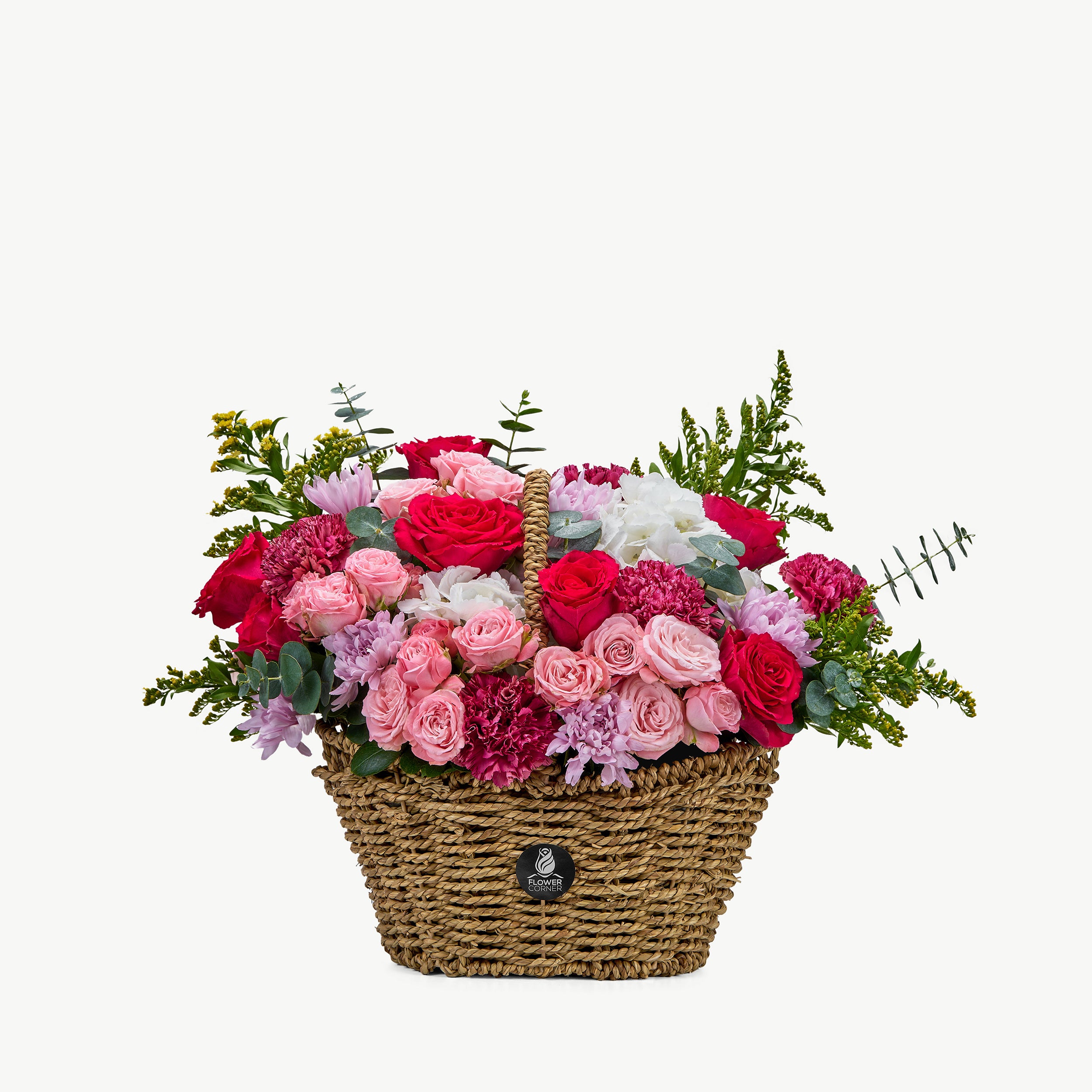 Pink Bloom flower basket with soft pink flowers and gentle greenery