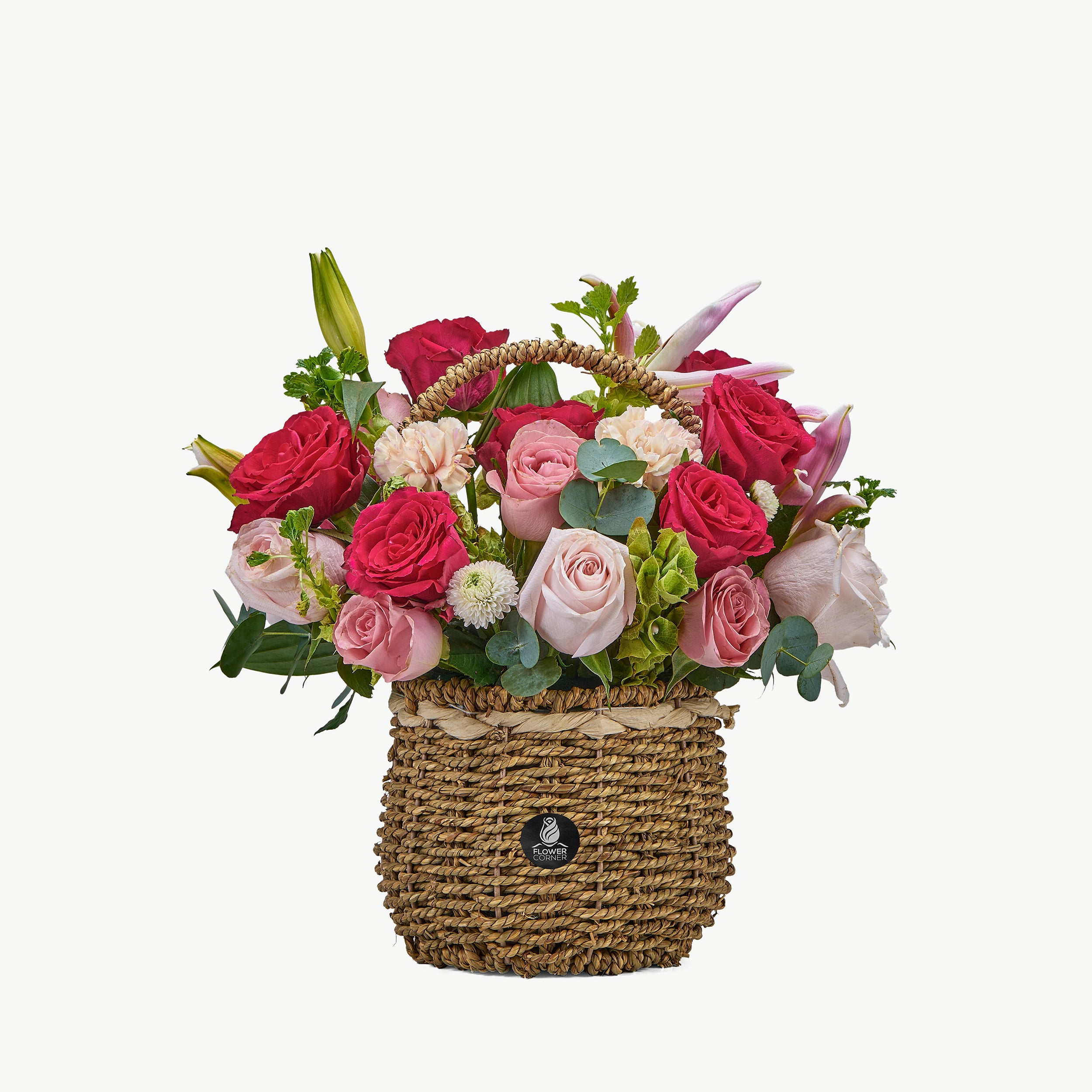 Pink Romance flower basket with elegant pink flowers