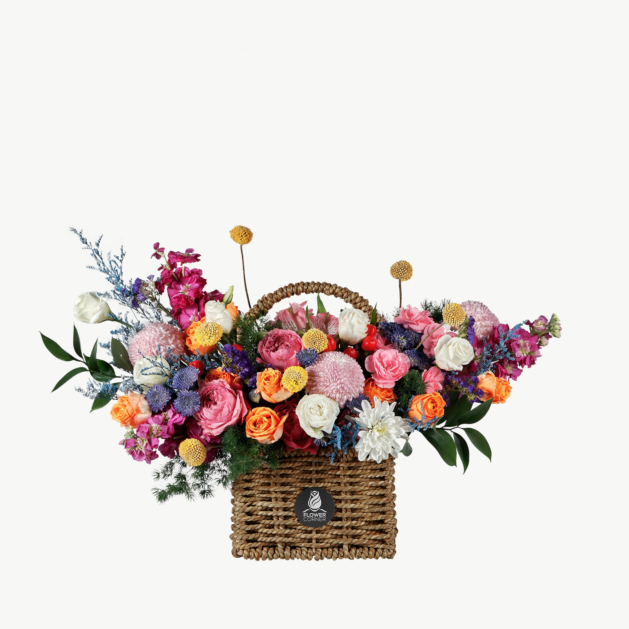 Sunset Dreams flower basket with orange, coral, and golden fresh flowers