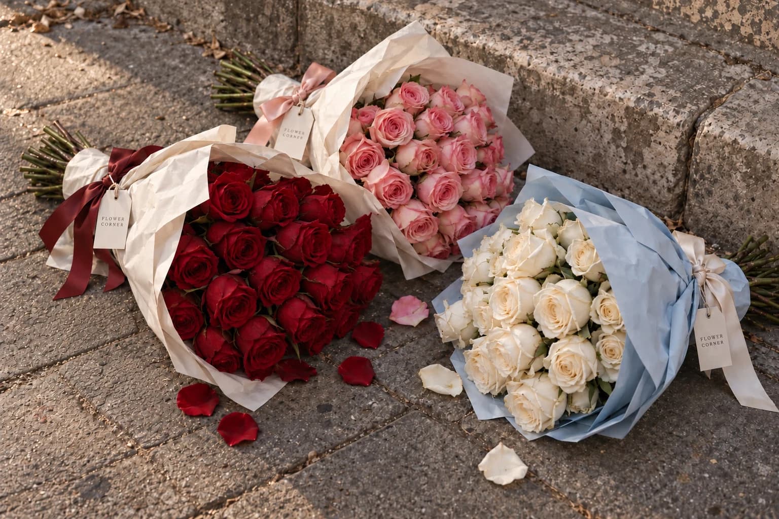 Red, pink and white rose bouquets on a sunlit pavement, with Flower Corner tags
