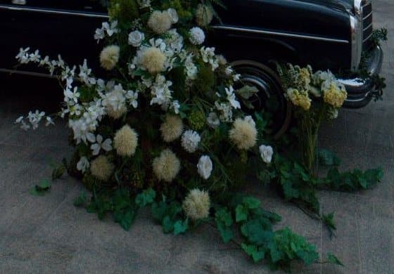 لقطة قريبة لشلال الزهور البيضاء واللبلاب المتدلّي عند عجلة السيارة