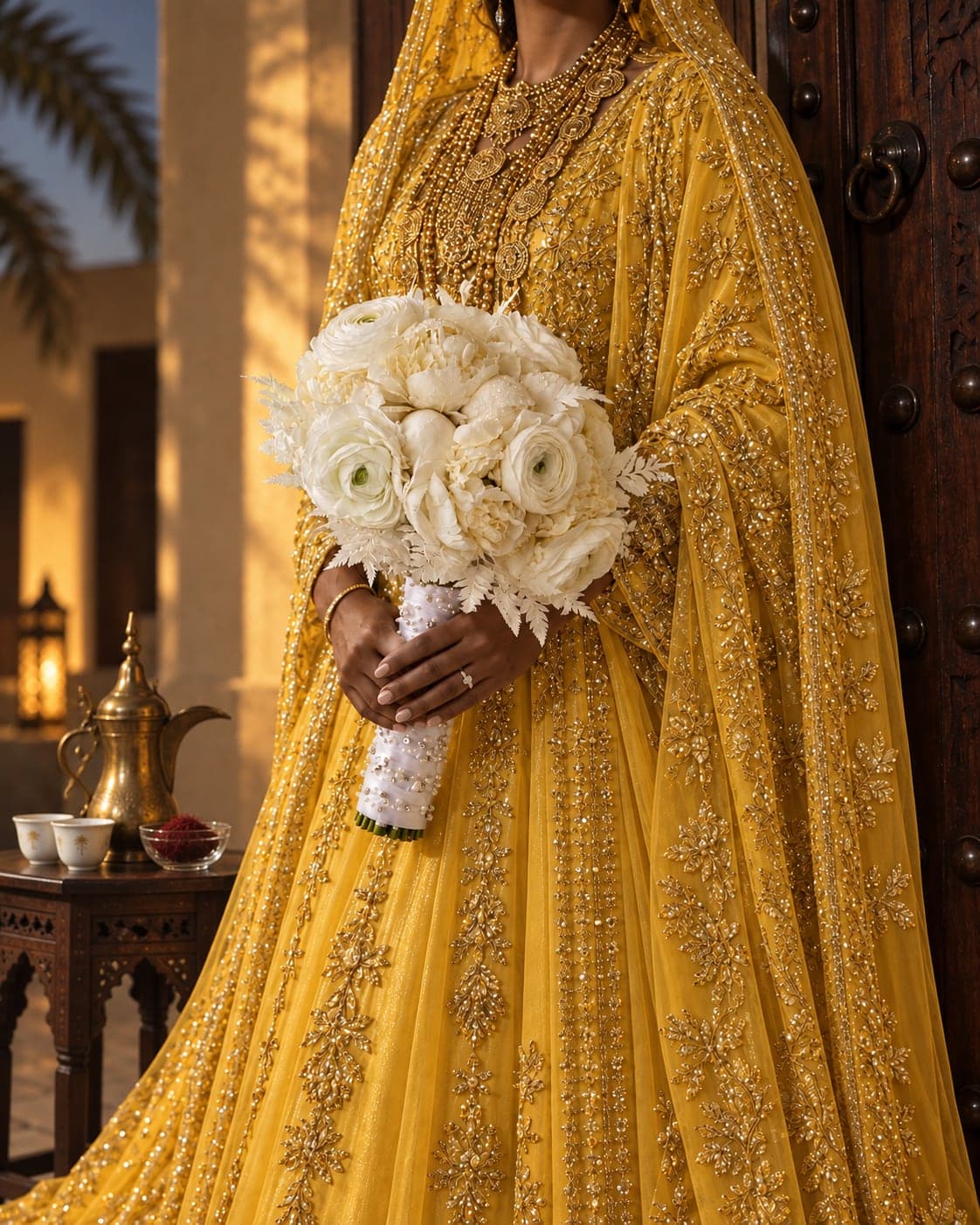 Ivory bridal bouquet with saffron Emirati dress