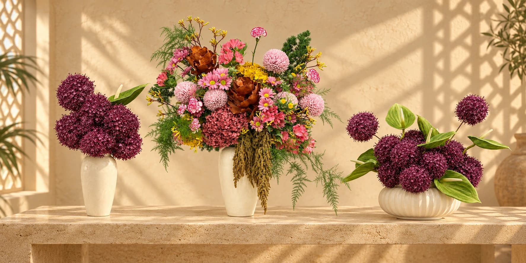 Dar Al Ward with compact and grand Lavender Majlis arrangements in ivory vases