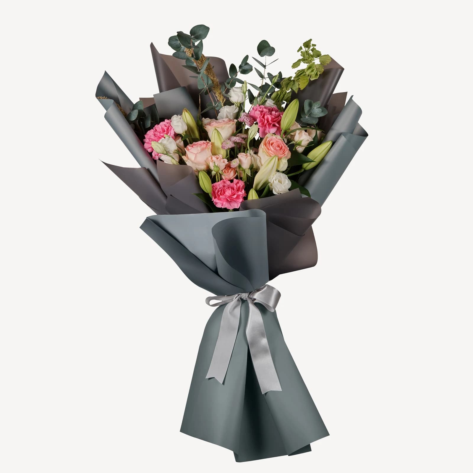 Blush and eucalyptus bouquet, view 1