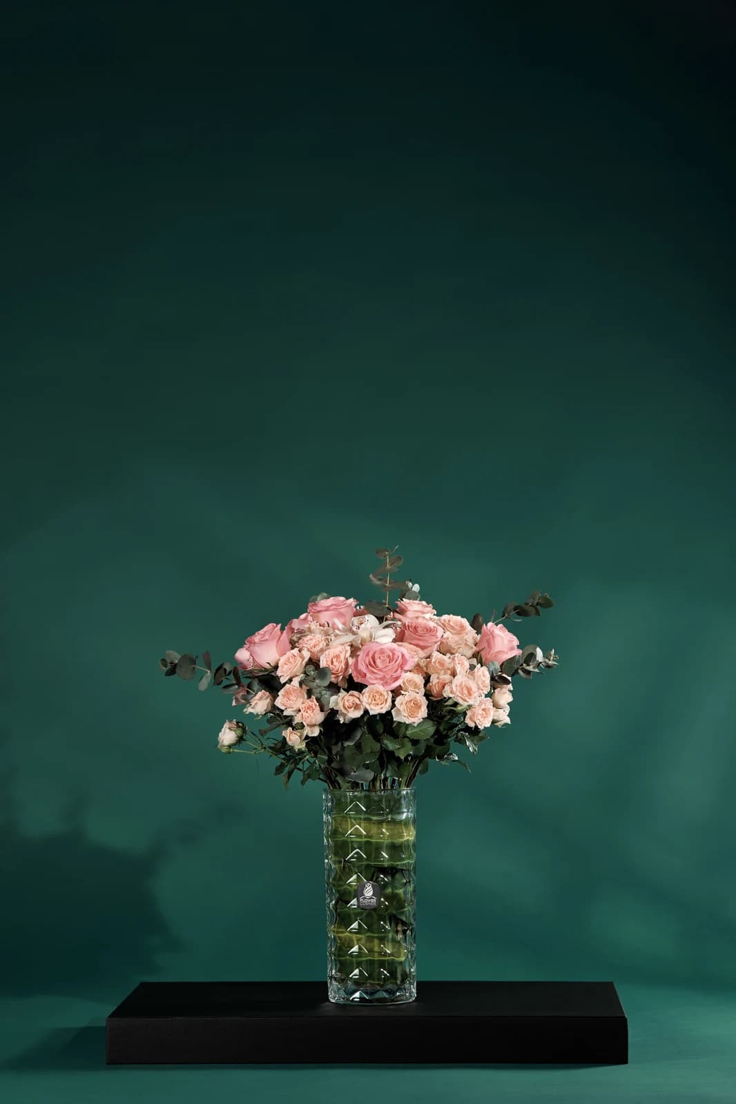 Pink rose glass arrangement, view 1