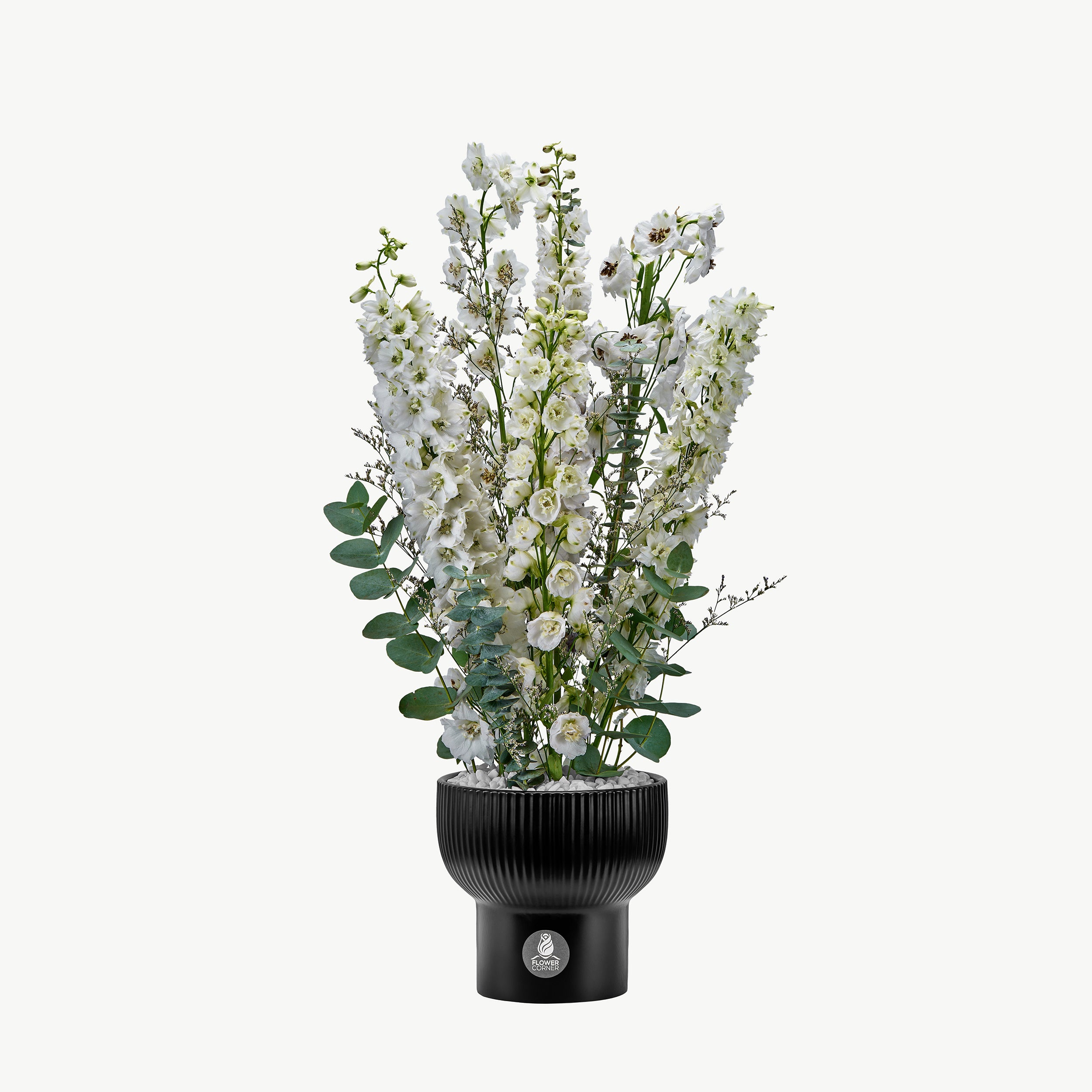 White delphiniums with greenery in a black ceramic pot. A refined floral arrangement.