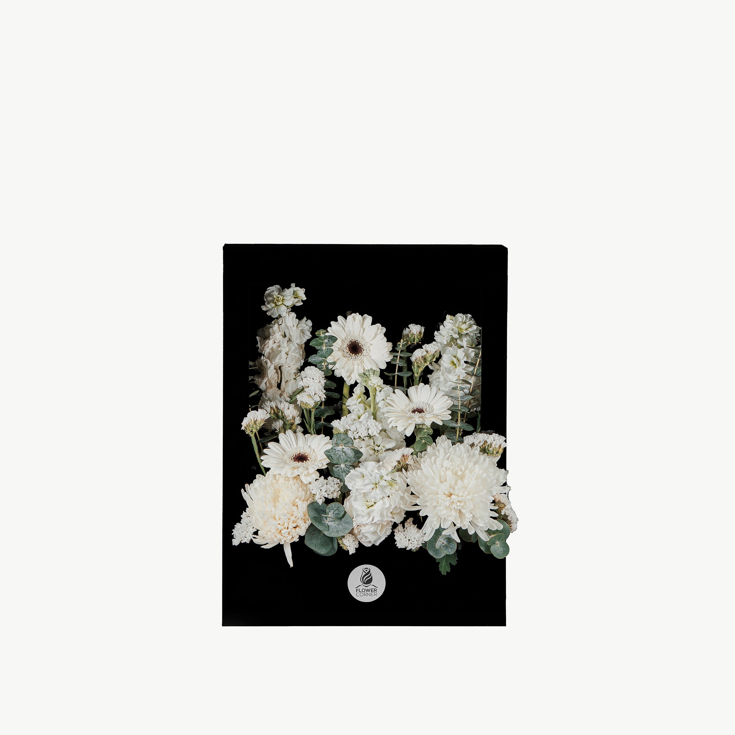 Pure Love Flower Window with white gerberas, chrysanthemums, mathiola, and eucalyptus in acrylic box